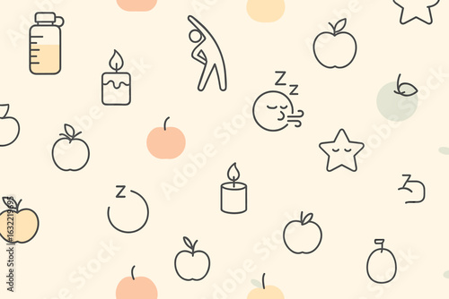 Creative pattern featuring simple line drawings of health and wellness icons on a soft background
