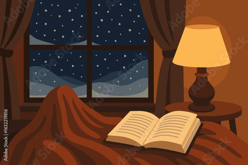 Cozy winter evening with a book by the window showcasing falling snow