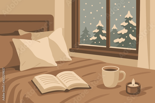 Cozy winter morning with a book, coffee, and candle on a bed near a snowy window