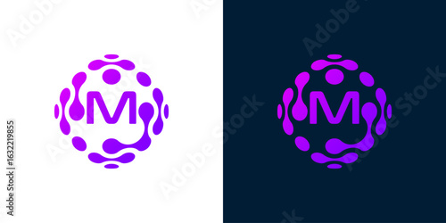 Abstract globe logo with letter M, technology sphere, for digital, technology, computer data