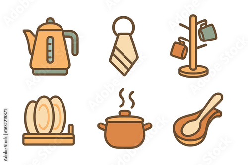 Kitchen utensils and office accessories depicted in a simple and colorful style, showcasing daily life items in a minimalist design