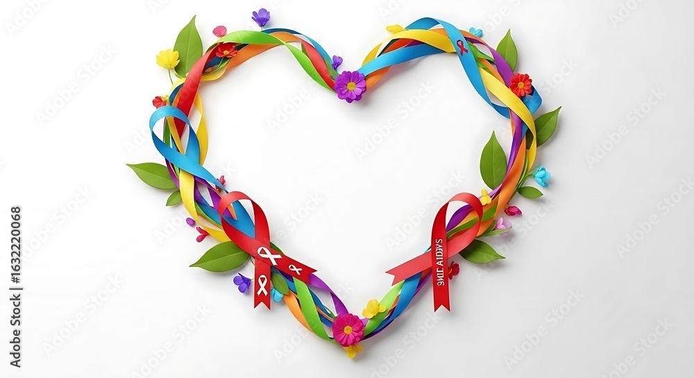 Fototapeta premium Heart shape made of colorful ribbons with flowers and green leaves on a white background