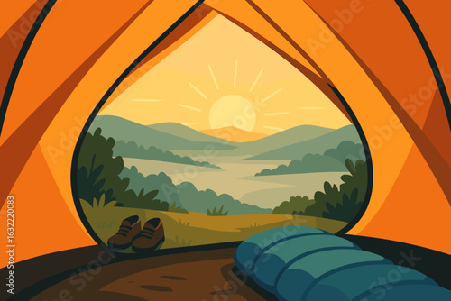Sunrise view from a tent overlooking mountains and a serene river valley during early morning hours
