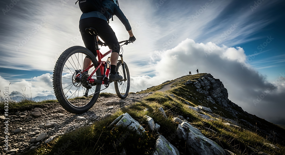 Naklejka premium A mountain biker from behind rides along a rugged, high-altitude trail on a sunny day with dramatic clouds.