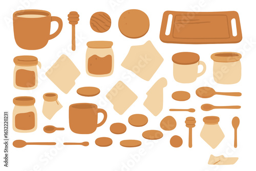 Collection of brown kitchen utensils and snacks arranged neatly on a white background, perfect for a cozy tea time setup