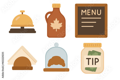 Decorative elements of a restaurant display featuring a bell, syrup, menu board, and tip jar
