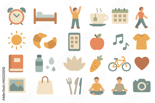 Health and wellness activities illustrated through simple icons showcasing daily routines and habits
