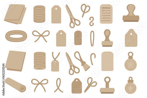 Creative crafting tools and supplies arranged on a clean white surface suitable for projects or gift wrapping