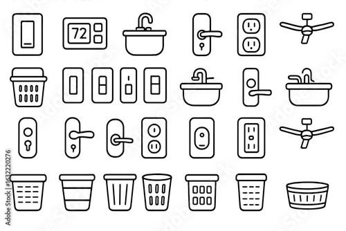 Variety of household items and fixtures drawn in a simple line art style for design or educational purposes