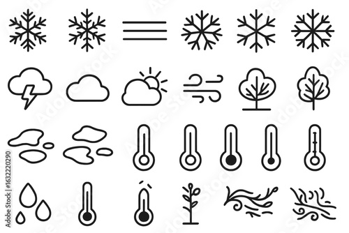 Weather symbol icons featuring snowflakes, clouds, trees, and temperature indicators for general use in communication