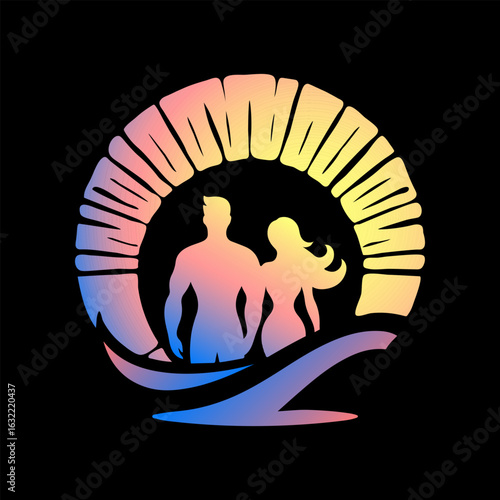 Logo features a man and a woman, depicted as silhouettes, standing within a sun-like archway, evoking a sense of romance and warmth