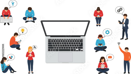 People using devices surrounding a laptop with blank screen for digital communication concept