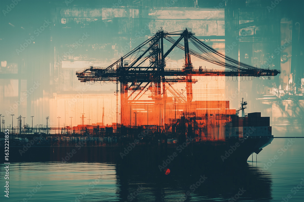 Fototapeta premium Double Exposure of Maritime and Naval Industry – Innovation, Technology, and Global Trade Concept