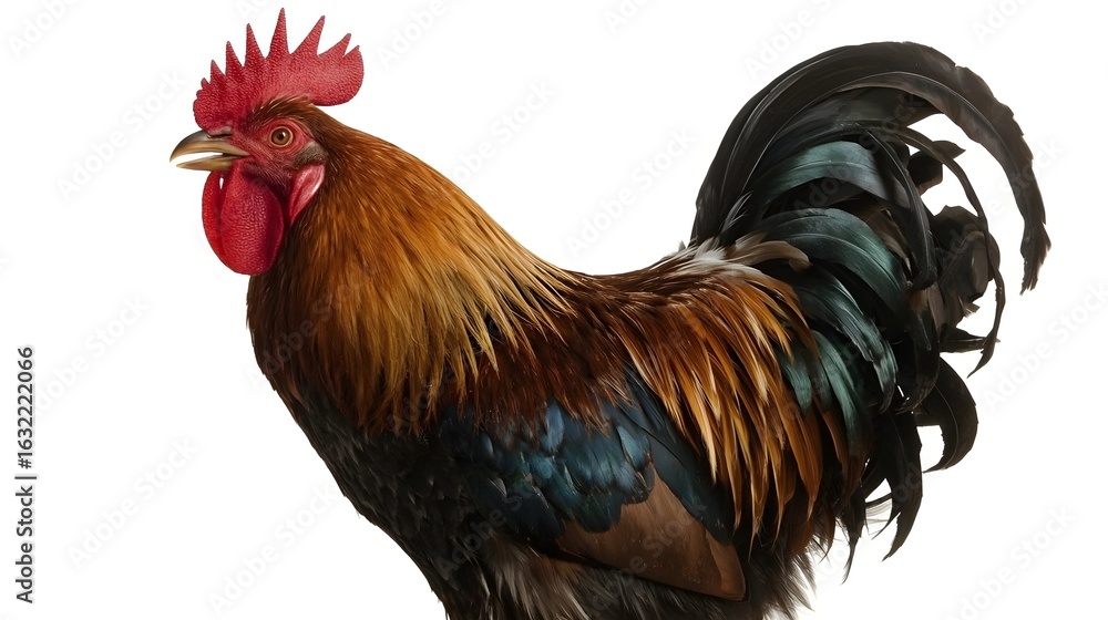 Fototapeta premium Crowing Rooster on White Background with Realistic Details