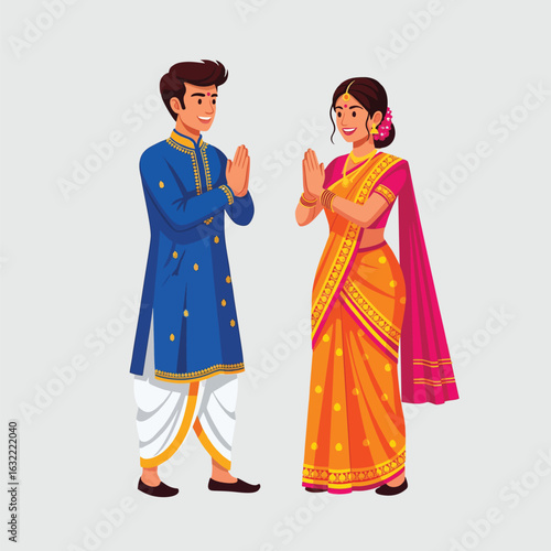 Indian Couple Greeting Each Other on Diwali – Flat Vector Illustration