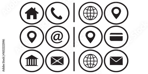 Business card icon set. Contact Us design template. Editable stroke sign pack. Contains icons - name, phone, location, website, address, mail, email, office, mobile, and chat symbol.