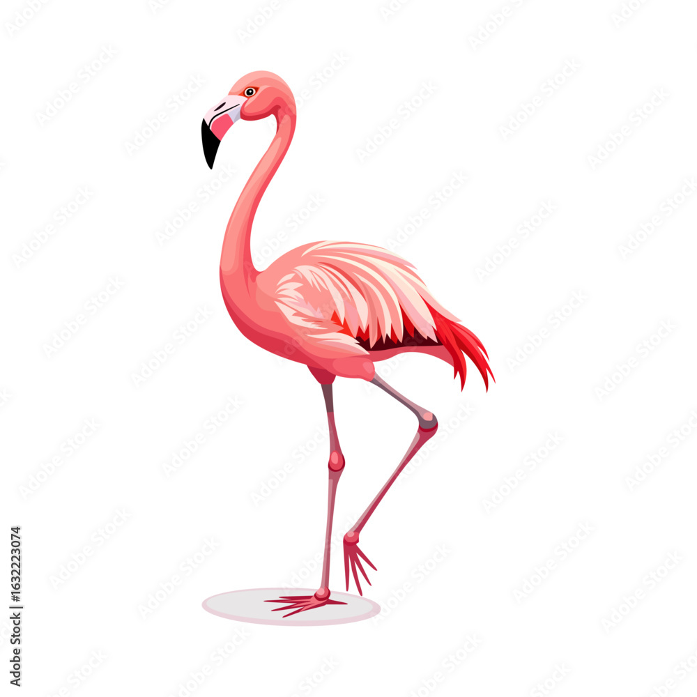 Fototapeta premium Pink flamingo standing isolated on white background in tropical wildlife style