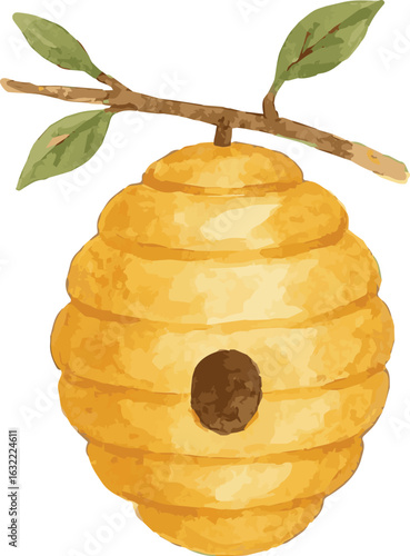 Vector watercolor painted illustration of a beehive