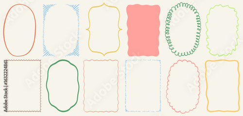 Cute wavy wedding frame, vector hand drawn oval vintage border set. Coquettish celebration design. Elegant classic line decoration background, simple postcard decor. Whimsical invitation frame set.
