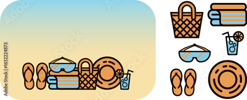 collection of simple, outlined icons representing various summer vacation items