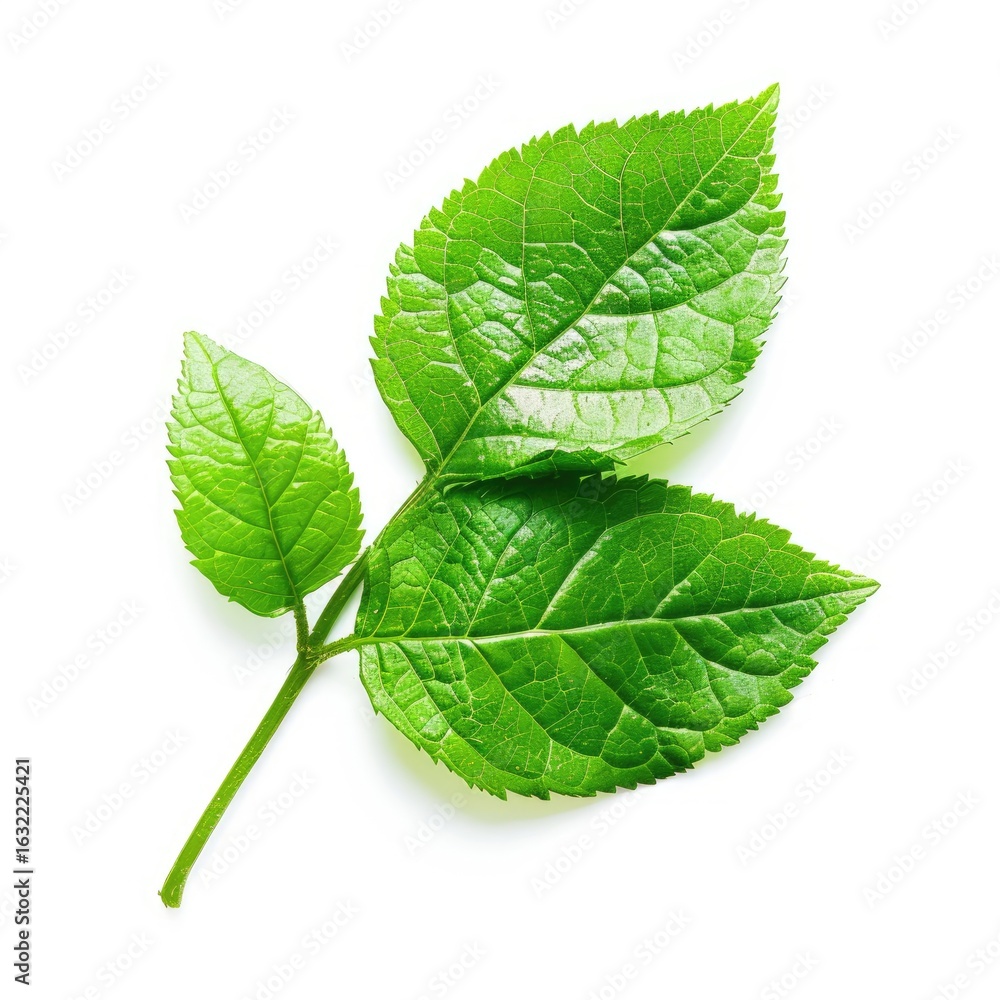 Fototapeta premium Fresh green leaves on a stem, close-up against white