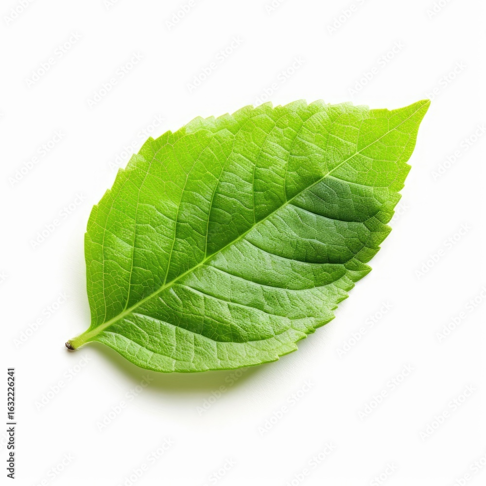 Obraz premium Close-up of a vibrant green leaf, sharply focused against a white background. Fresh, healthy, and whole leaf with visible veins