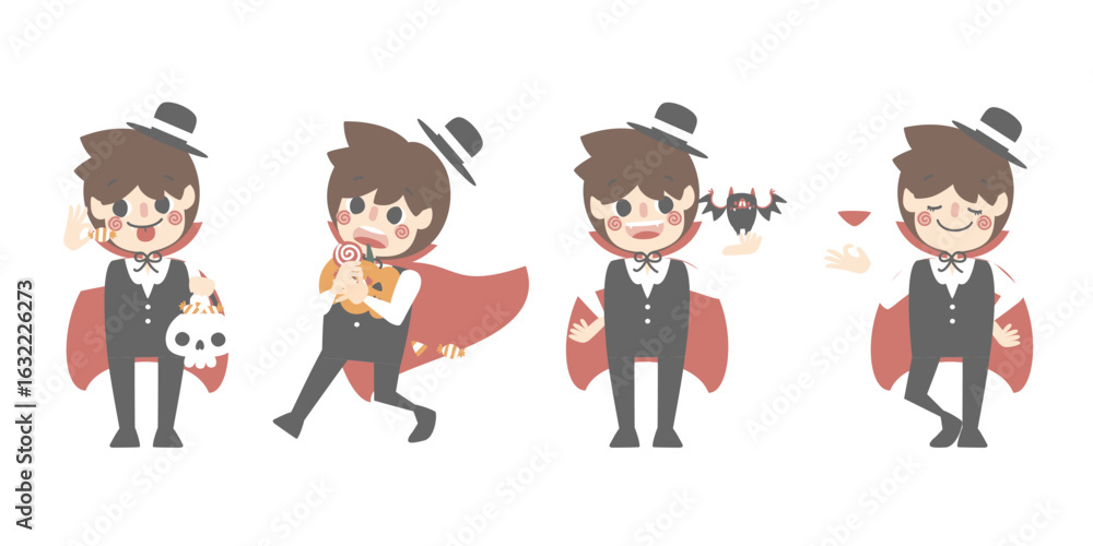 Fototapeta premium happy halloween holiday festival with boy wearing count dracula vampire costume holding pumpkin basket with candy set, flat vector illustration cartoon character design