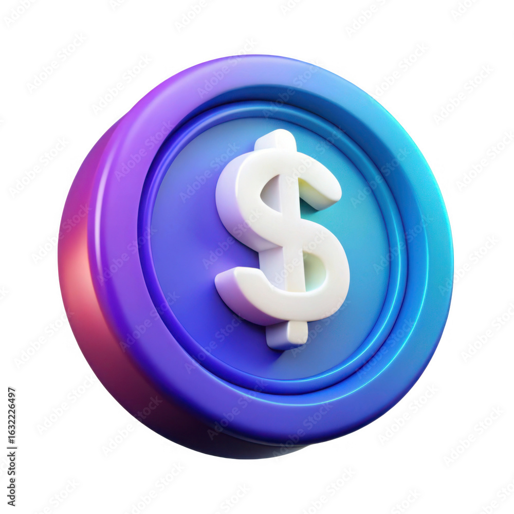 Fototapeta premium 3d dollar coin with gradient rim isolated on transparent background