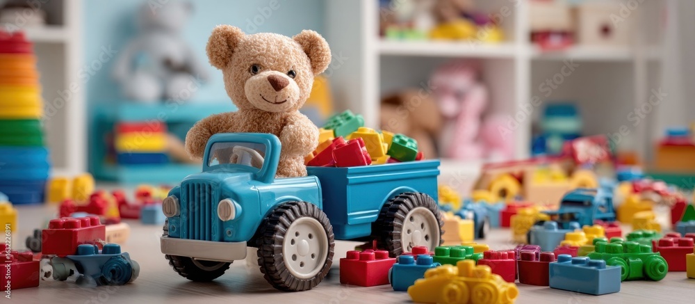 Obraz premium Adorable Teddy Bear in Toy Truck Amidst Colorful Blocks