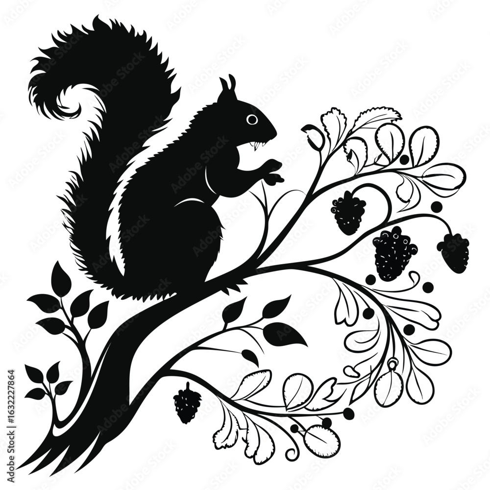 Fototapeta premium Silhouette of a squirrel on a stylized tree branch with berries and leaves