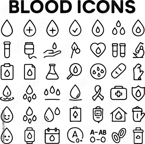 Blood Donation and Medical Line Icons Set – Blood Drop, Test Tube, Heart, Microscope, Medical Kit, Ribbon, Blood Types