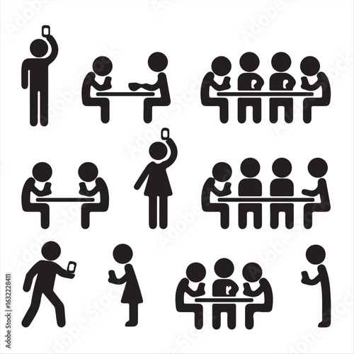 People on smartphones, walking and playing games, taking selfies icons. Vector icons set - man and woman using their mobile phones while meeting with other people

