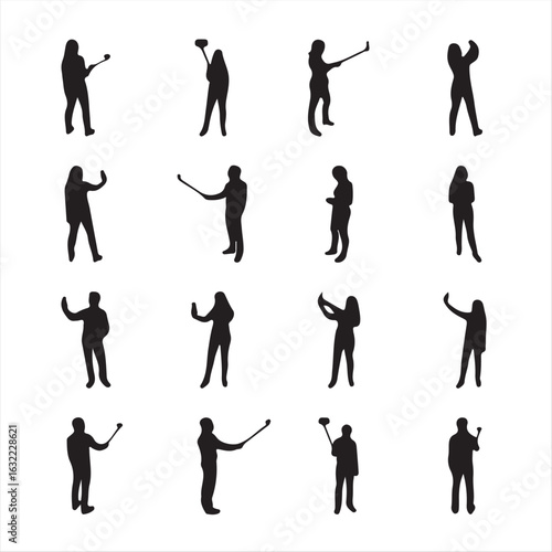 People, male, female silhouettes in shooting selfie pictures poses. People, male, female silhouettes in different shooting selfie pictures poses - modern vector flat design icons set. Making selfies w