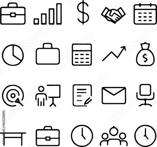 Business and Office Line Icons Set – Briefcase, Chart, Dollar, Handshake, Calendar, Pie Chart, Calculator, Growth, Target