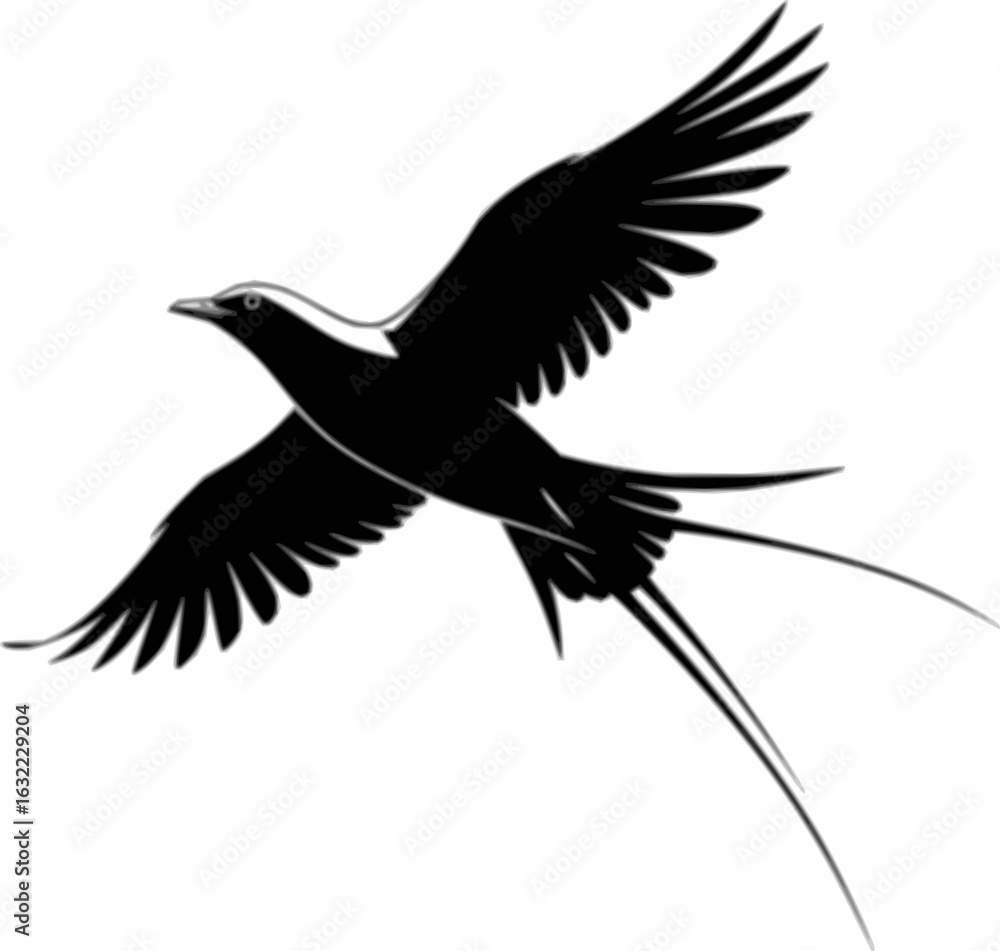 Obraz premium Soaring Silhouette: A minimalist illustration captures the essence of freedom and grace, showcasing a sleek black and white bird in full flight.