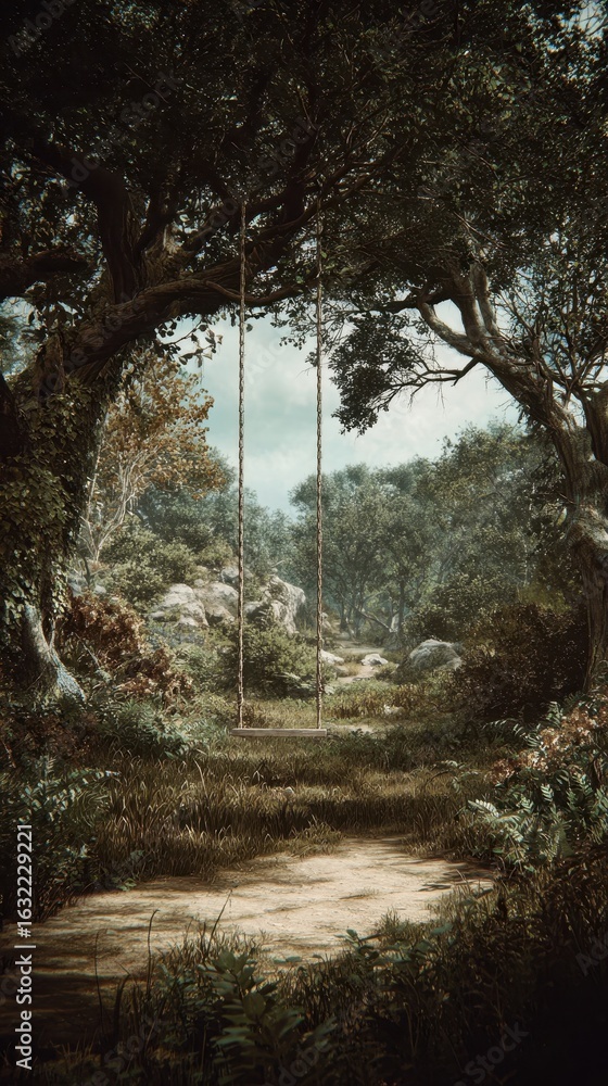 Naklejka premium A swing hangs between ancient trees in a serene woodland glade.