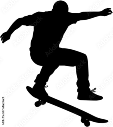 Skateboarder in Action: A striking silhouette of a skateboarder executing a dynamic trick against a clean background. Capturing the energy of action sports, the image highlights skill, movement. 