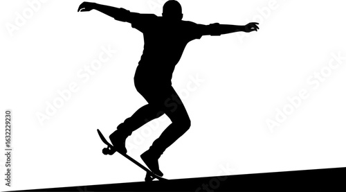 Skateboarder in Action: A striking silhouette of a skateboarder executing a dynamic trick against a clean background. Capturing the energy of action sports, the image highlights skill, movement. 