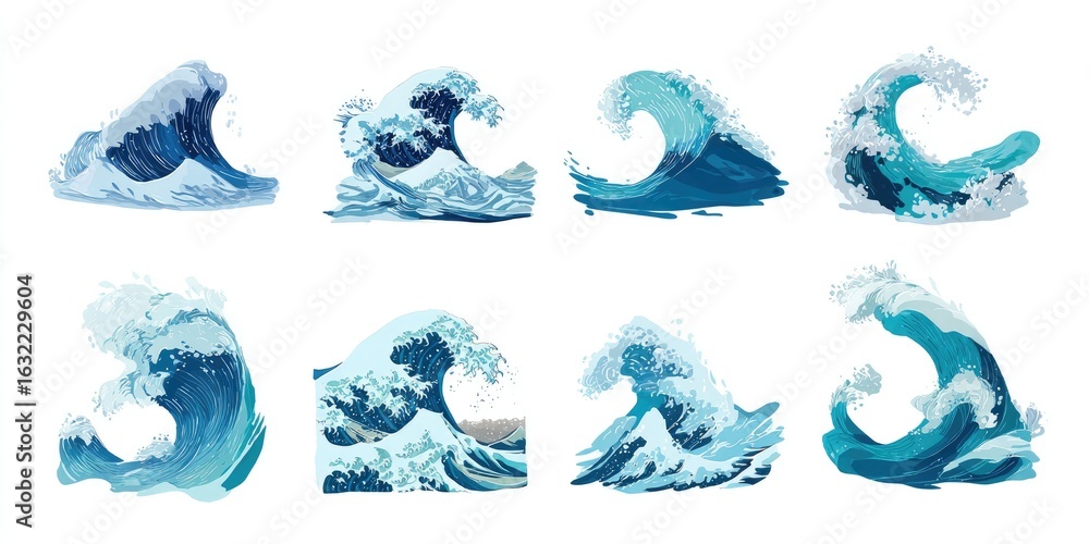 Fototapeta premium Nine stylized ocean waves in shades of blue, varying in crest and form