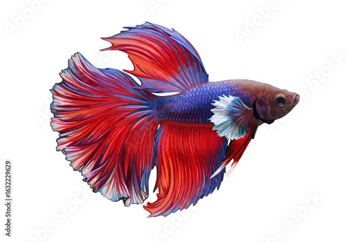 Betta Fish Illustration – Colorful Siamese Fighting Fish Clipart – Red Blue Fins Art – Aquarium Tropical Fish Drawing for Pet Lovers and Decor

