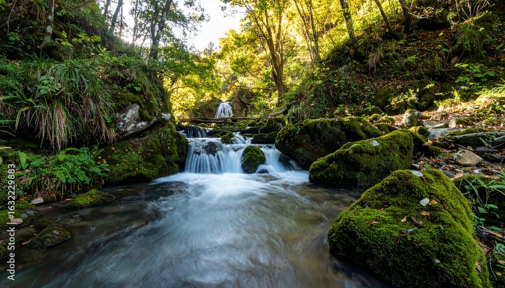 Fototapeta premium Serene waterfall flowing over mossy rocks in forest.