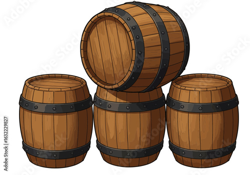 Wooden Barrels Illustration – Rustic Storage Containers Art – Vintage Whiskey Barrels Clipart – Old Oak Barrel Drawing for Brewery or Farm Decor

