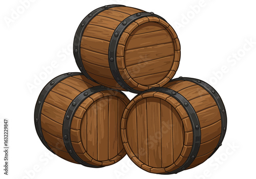 Wooden Barrels Illustration – Rustic Storage Containers Art – Vintage Whiskey Barrels Clipart – Old Oak Barrel Drawing for Brewery or Farm Decor

