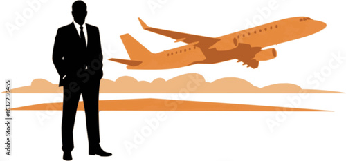 Executive Aviation: A silhouette of a distinguished businessman stands confidently against a backdrop of sleek aircraft, symbolizing the dynamism of air travel and business. 