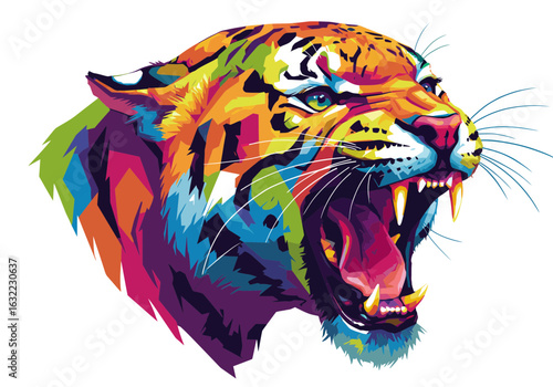 Colorful Roaring Tiger Art – Wild Jungle Cat Illustration – Vibrant Animal Portrait – Bold Wildlife Drawing – Fierce Pop Art Wall Decor Print

