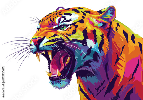 Colorful Roaring Tiger Art – Wild Jungle Cat Illustration – Vibrant Animal Portrait – Bold Wildlife Drawing – Fierce Pop Art Wall Decor Print

