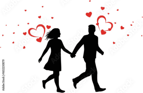 Enduring bond silhouette: A silhouetted depiction of a man and woman, hand-in-hand, running together, with love hearts gracefully adorning the backdrop, depicting everlasting affection. 
