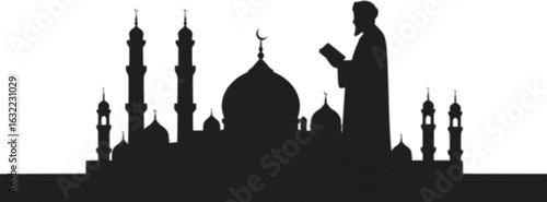 Islamic Scholar Silhouette: A strong silhouette of a man in traditional Islamic attire stands before a mosque, symbolizing faith, wisdom, and cultural heritage.