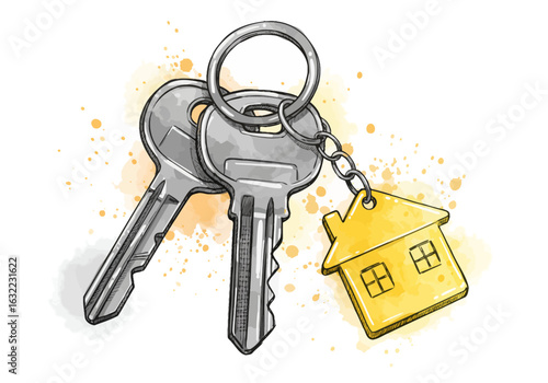 House Keys Illustration – Watercolor Home Keychain Art – Real Estate Concept Decor – New Home Symbol Drawing – Property Access Keyring Design Print

