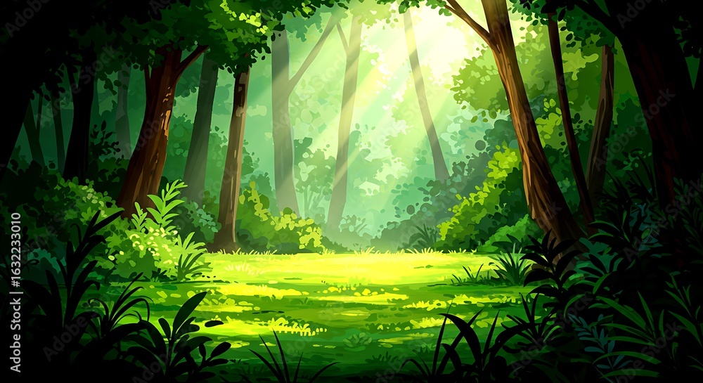 Fototapeta premium Lush green forest clearing bathed in bright sunlight and dappled shade woods nature